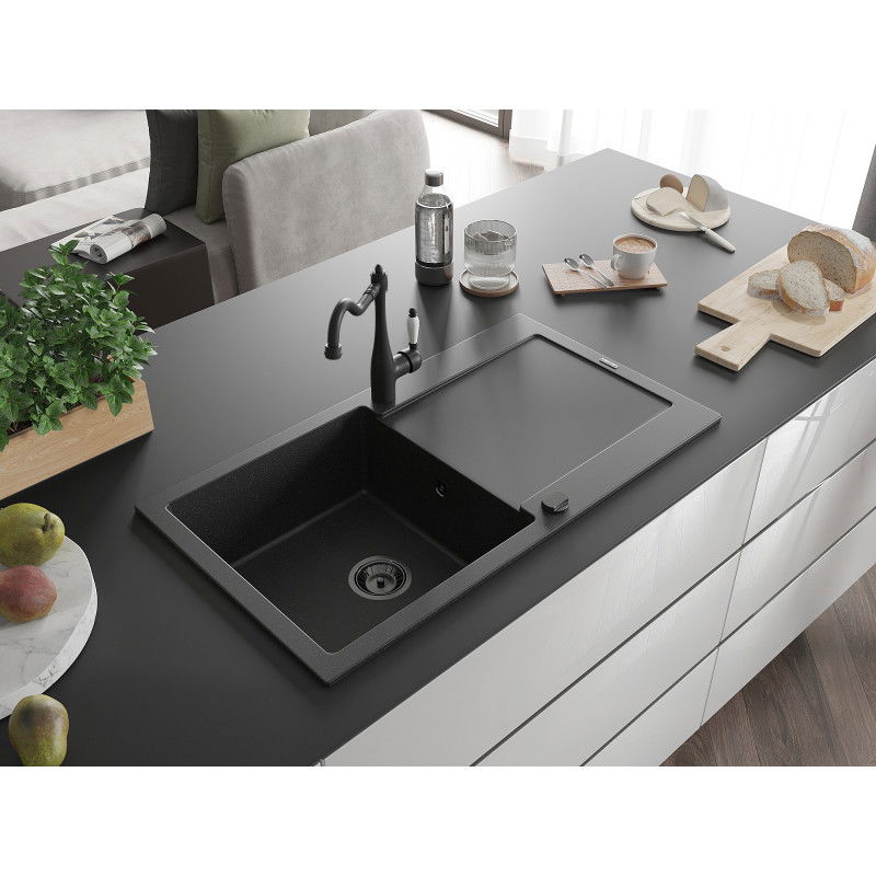 Mexen Leo granite sink 1-bowl with drainer and Carla kitchen tap, black/silver metallic - 6501-73-670700-70-B