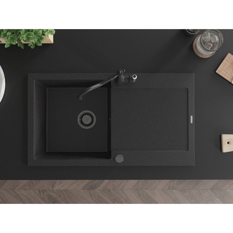 Mexen Leo granite sink 1-bowl with drainer and Carla kitchen tap, black/silver metallic - 6501-73-670700-70-B