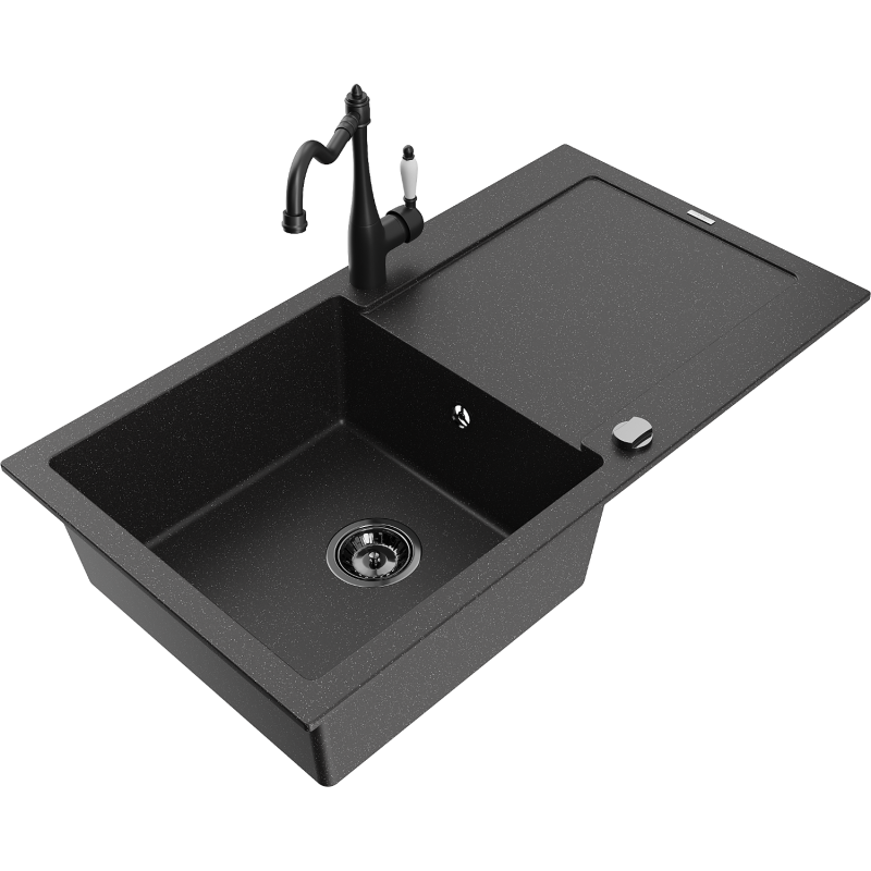 Mexen Leo granit kitchen sink 1-bowl with drainer and kitchen faucet Carla, black/silver metallic - 6501-73-670700-70-B