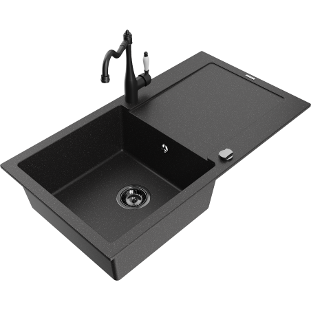 Mexen Leo granit kitchen sink 1-bowl with drainer and kitchen faucet Carla, black/silver metallic - 6501-73-670700-70-B