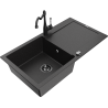 Mexen Leo granit kitchen sink 1-bowl with drainer and kitchen faucet Carla, black/silver metallic - 6501-73-670700-70-B