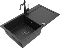 Mexen Leo granit kitchen sink, 1-bowl with drainer and kitchen faucet Carla, black/silver metallic - 6501-73-670700-70-B