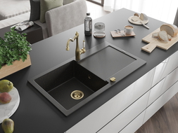 Mexen Leo 1-compartment granite sink with a drip tray and kitchen mixer tap Carla, Black/Gold metallic - 6501-75-670700-50