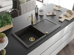 Mexen Leo granite sink 1-bowl with drainer and kitchen faucet Carla, black/gold metallic - 6501-75-670700-50