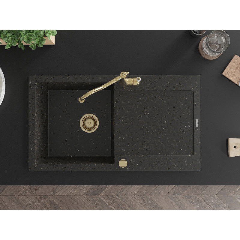 Mexen Leo granite kitchen sink with 1 bowl, drainer and Carla kitchen tap, black/gold metallic - 6501-75-670700-50