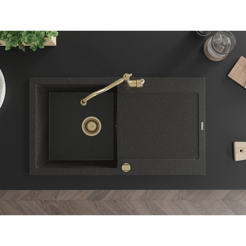 Mexen Leo granite sink 1-bowl with drainer and kitchen faucet Carla, black/gold metallic - 6501-75-670700-50
