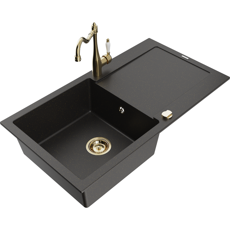 Mexen Leo granit sink 1-bowl with drainer and Carla kitchen faucet, black/gold metallic - 6501-75-670700-50
