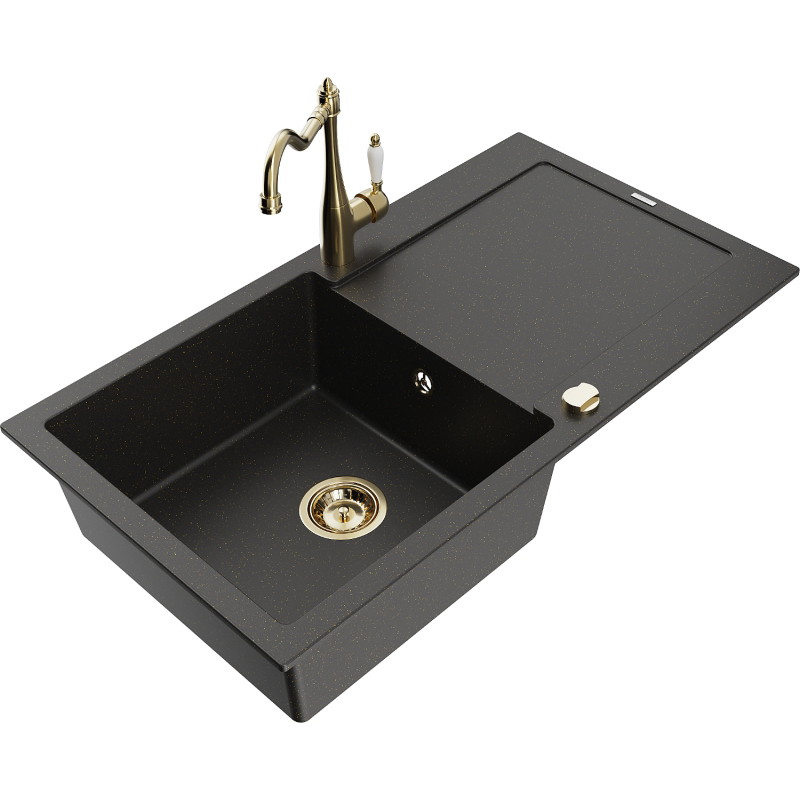 Mexen Leo granite sink 1-bowl with drainer and kitchen faucet Carla, black/gold metallic - 6501-75-670700-50