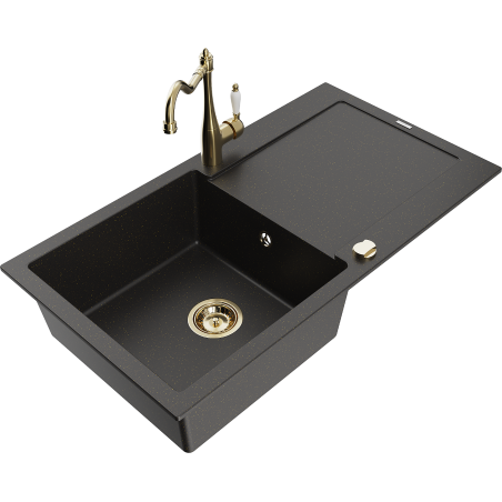 Mexen Leo granit sink 1-bowl with drainer and Carla kitchen faucet, black/gold metallic - 6501-75-670700-50