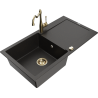 Mexen Leo granit sink 1-bowl with drainer and Carla kitchen faucet, black/gold metallic - 6501-75-670700-50