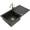 Mexen Leo granite sink 1-bowl with drainer and kitchen faucet Carla, black/gold metallic - 6501-75-670700-50
