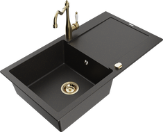 Mexen Leo granite sink 1-bowl with drainer and kitchen faucet Carla, black/gold metallic - 6501-75-670700-50