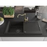 Mexen Leo granite sink 1-bowl with drainer and Carla kitchen tap, black/gold metallic - 6501-75-670700-50-B