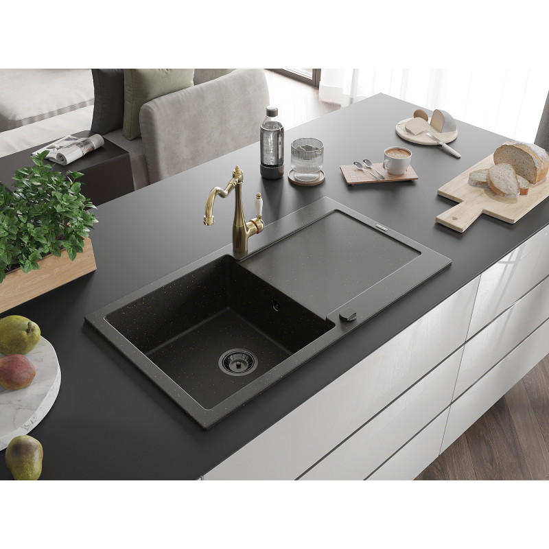 Mexen Leo 1-bowl granite sink with drainer and kitchen faucet Carla, black/gold metallic - 6501-75-670700-50-B