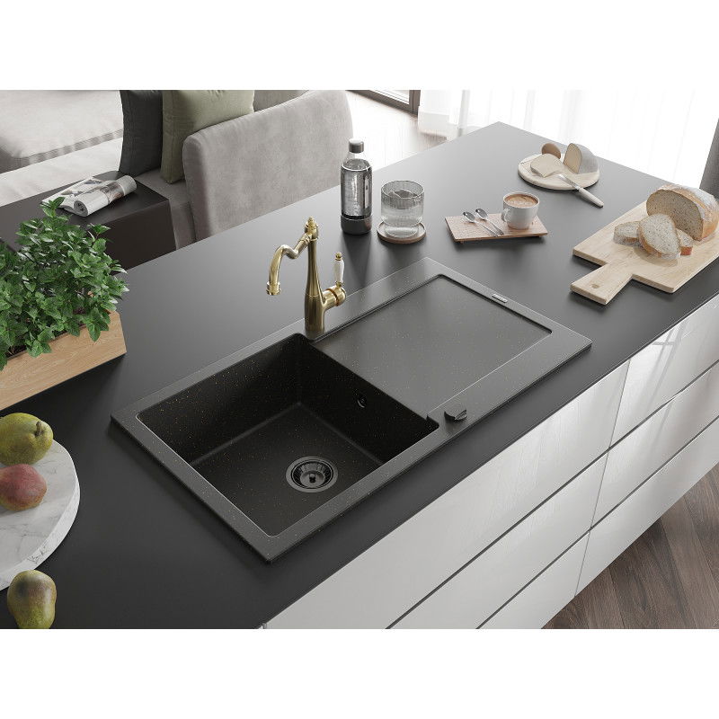 Mexen Leo granite sink 1-bowl with drainer and Carla kitchen tap, black/gold metallic - 6501-75-670700-50-B