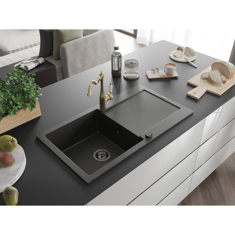 Mexen Leo granite sink 1-bowl with drainer and kitchen faucet Carla, black/gold metallic - 6501-75-670700-50-B