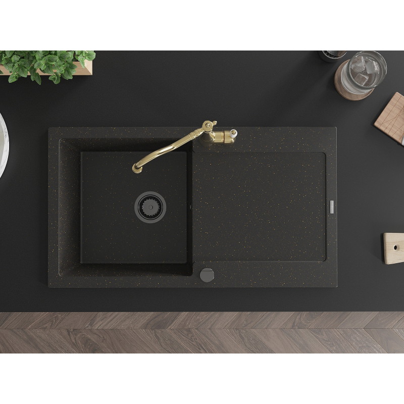 Mexen Leo 1-bowl granite sink with drainer and kitchen faucet Carla, black/gold metallic - 6501-75-670700-50-B