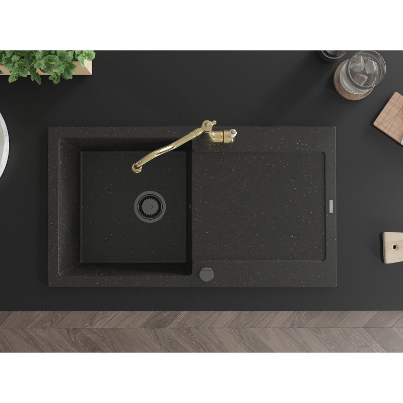 Mexen Leo granite sink 1-bowl with drainer and kitchen faucet Carla, black/gold metallic - 6501-75-670700-50-B