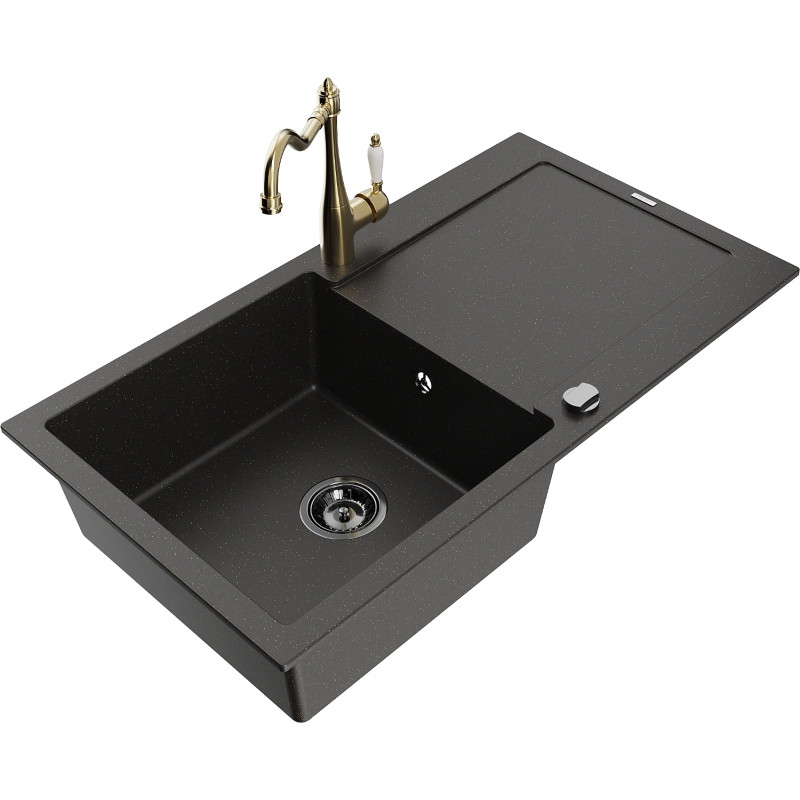 Mexen Leo 1-bowl granite sink with drainer and kitchen faucet Carla, black/gold metallic - 6501-75-670700-50-B