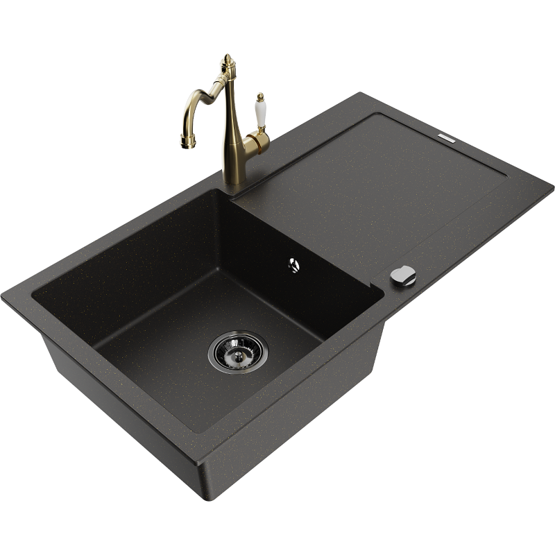 Mexen Leo granite sink 1-bowl with drainer and Carla kitchen tap, black/gold metallic - 6501-75-670700-50-B