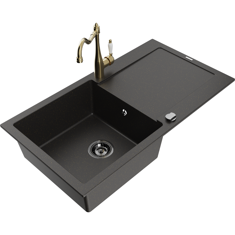 Mexen Leo granite sink 1-bowl with drainer and kitchen faucet Carla, black/gold metallic - 6501-75-670700-50-B