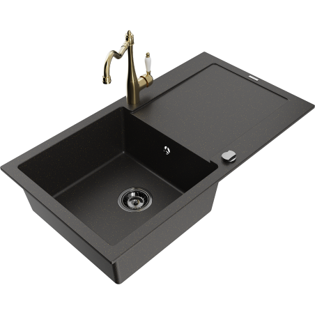 Mexen Leo granite sink 1-bowl with drainer and kitchen faucet Carla, black/gold metallic - 6501-75-670700-50-B