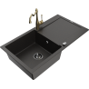 Mexen Leo 1-bowl granite sink with drainer and kitchen faucet Carla, black/gold metallic - 6501-75-670700-50-B