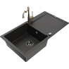 Mexen Leo granite sink 1-bowl with drainer and kitchen faucet Carla, black/gold metallic - 6501-75-670700-50-B