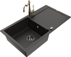 Mexen Leo 1-bowl granite sink with drainer and kitchen faucet Carla, black/gold metallic - 6501-75-670700-50-B