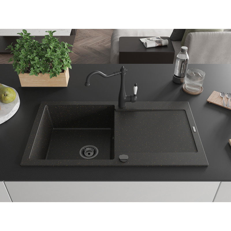 Mexen Leo granite sink 1-bowl with drainer and kitchen faucet Carla, black/gold metallic - 6501-75-670700-70-B