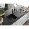 Mexen Leo granite sink 1-bowl with drainer and kitchen faucet Carla, black/gold metallic - 6501-75-670700-70-B