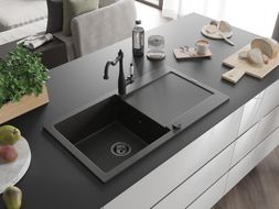 Mexen Leo granite kitchen sink 1-bowl with drainer and kitchen tap Carla, black/golden metallic - 6501-75-670700-70-B