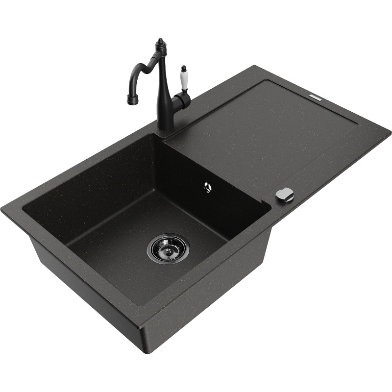 Mexen Leo granite kitchen sink 1-bowl with drainer and kitchen tap Carla, black/golden metallic - 6501-75-670700-70-B