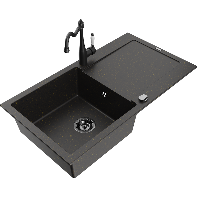 Mexen Leo granite sink 1-bowl with drainer and Carla kitchen tap, black/gold metallic - 6501-75-670700-70-B