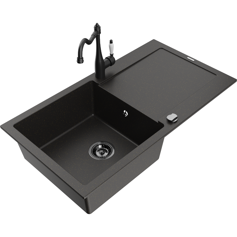 Mexen Leo granite sink 1-bowl with drainer and kitchen faucet Carla, black/gold metallic - 6501-75-670700-70-B