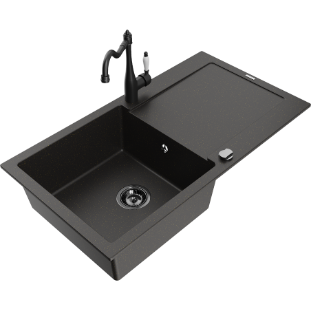 Mexen Leo granite sink 1-bowl with drainer and Carla kitchen tap, black/gold metallic - 6501-75-670700-70-B
