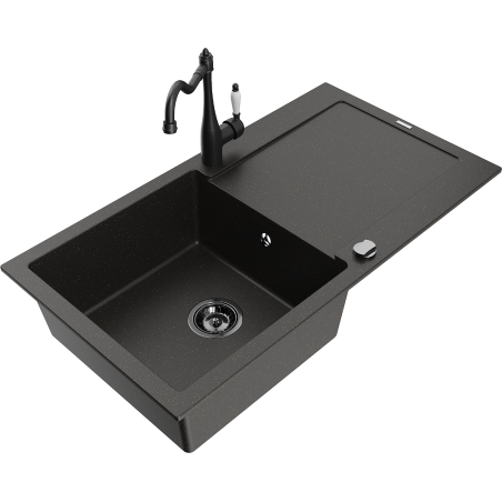 Mexen Leo granite sink 1-bowl with drainer and kitchen faucet Carla, black/gold metallic - 6501-75-670700-70-B
