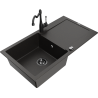 Mexen Leo granite kitchen sink 1-bowl with drainer and kitchen tap Carla, black/golden metallic - 6501-75-670700-70-B