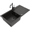 Mexen Leo granite sink 1-bowl with drainer and kitchen faucet Carla, black/gold metallic - 6501-75-670700-70-B
