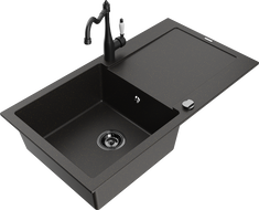 Mexen Leo granite kitchen sink 1-bowl with drainer and kitchen tap Carla, black/golden metallic - 6501-75-670700-70-B
