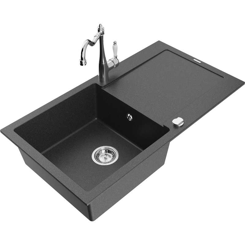 Mexen Leo granite kitchen sink 1-bowl with drainer and kitchen faucet Carla, black speckled - 6501-76-670700-00