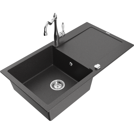 Mexen Leo granite kitchen sink 1-bowl with drainer and kitchen faucet Carla, black speckled - 6501-76-670700-00