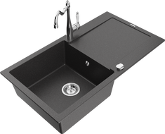 Mexen Leo granite kitchen sink 1-bowl with drainer and kitchen faucet Carla, black speckled - 6501-76-670700-00