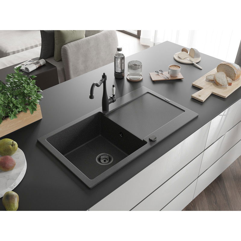 Mexen Leo granite sink 1-bowl with drainer and Carla kitchen tap, speckled black - 6501-76-670700-70-B