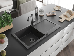 Mexen Leo granite sink 1-bowl with drainer and Carla kitchen tap, speckled black - 6501-76-670700-70-B