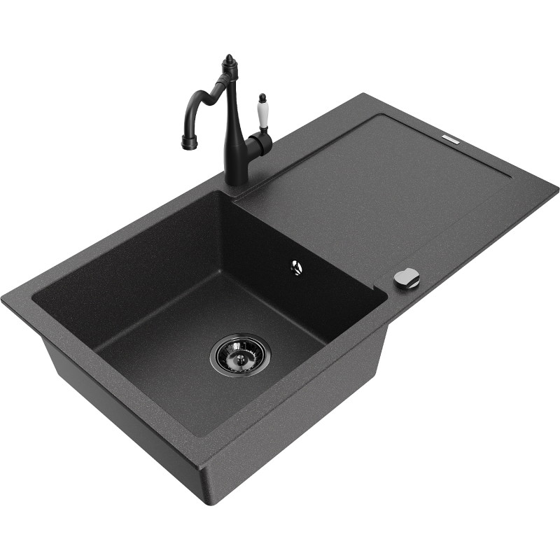 Mexen Leo granite kitchen sink single-bowl with drainer and kitchen faucet Carla, black speckled - 6501-76-670700-70-B