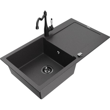Mexen Leo granite kitchen sink single-bowl with drainer and kitchen tap Carla, speckled black - 6501-76-670700-70-B