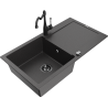 Mexen Leo granite sink 1-bowl with drainer and Carla kitchen tap, speckled black - 6501-76-670700-70-B
