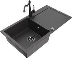 Mexen Leo granite kitchen sink single-bowl with drainer and kitchen faucet Carla, black speckled - 6501-76-670700-70-B