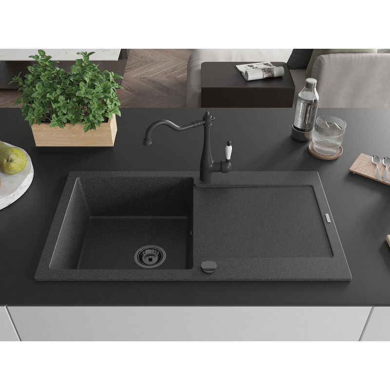 Mexen Leo granite sink 1-bowl with drainer and Carla kitchen tap, speckled black - 6501-76-670700-70-B